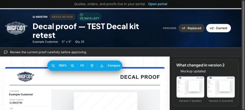 OBPrint customer proof page showing the current version beside an earlier version