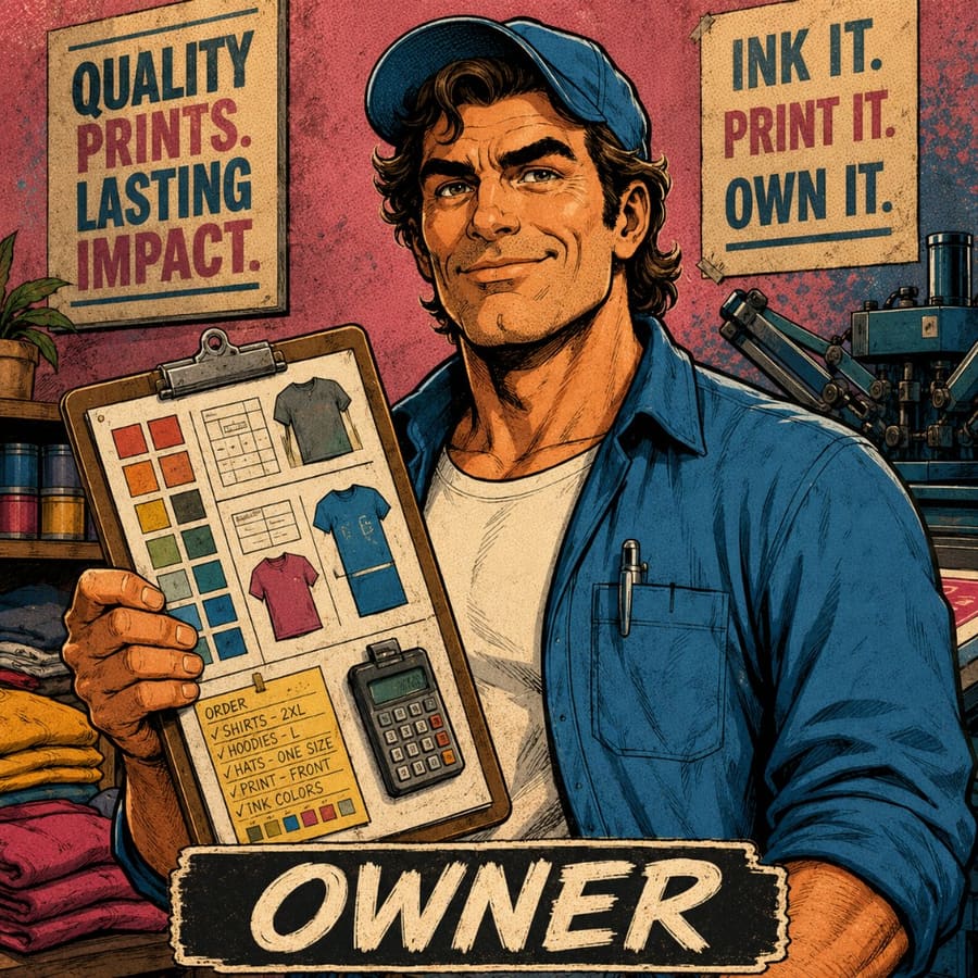 Illustrated shop manager with a production clipboard