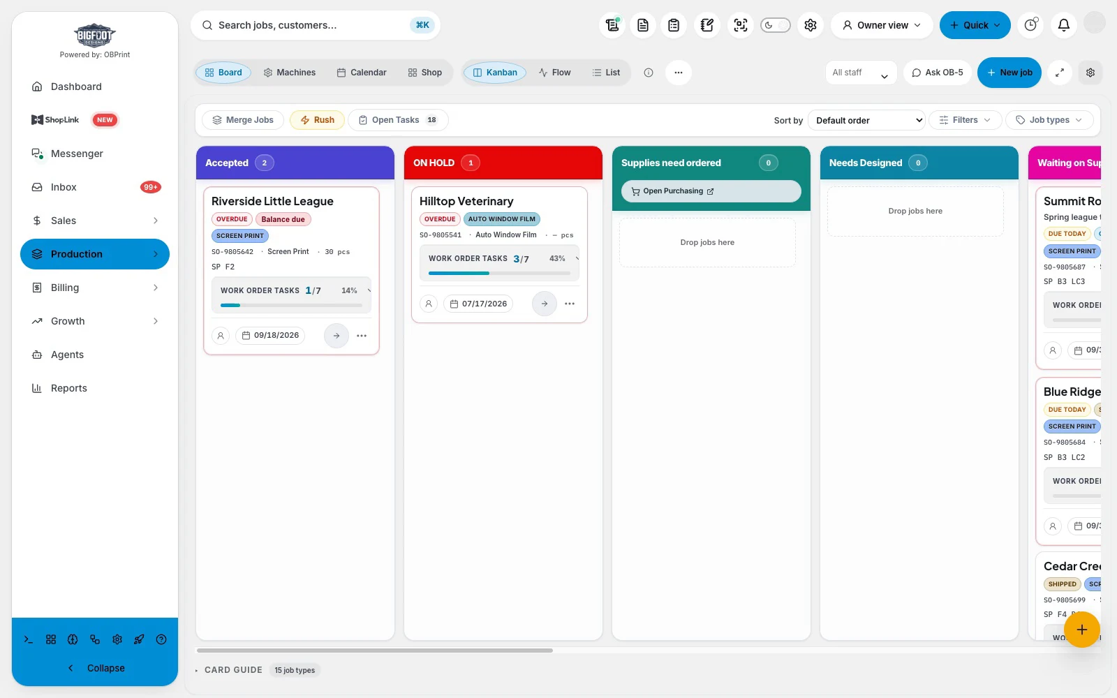 OBPrint production board with job stages and work order task progress