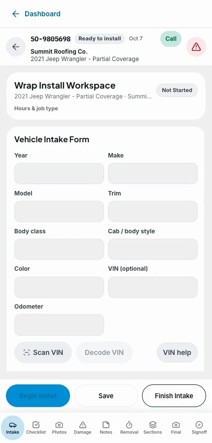 OBPrint wrap install workspace on a phone showing vehicle intake fields and job tabs
